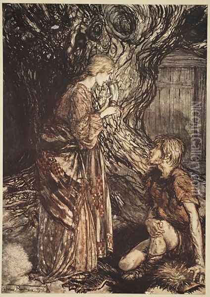 This healing and honeyed draught of Mead deign to accept from me, from The Rhinegold and the Valkyrie, 1910 Oil Painting - Arthur Rackham
