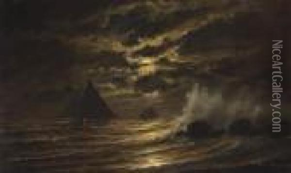 Skipjacks On The Chesapeake Bay At Moonlight Oil Painting - Edward Moran