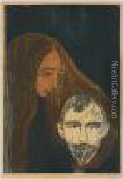 Man's Head In Womans Hair (w. 89; Sch. 80) Oil Painting - Edvard Munch