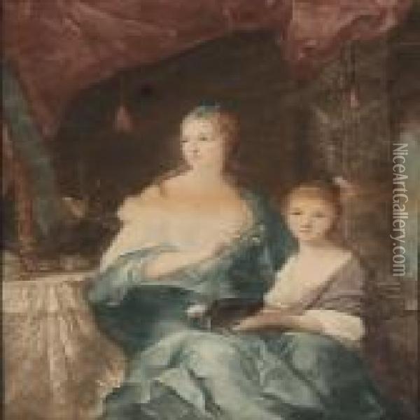 Comtesse Neuburg And Daughter Oil Painting - Jean-Marc Nattier