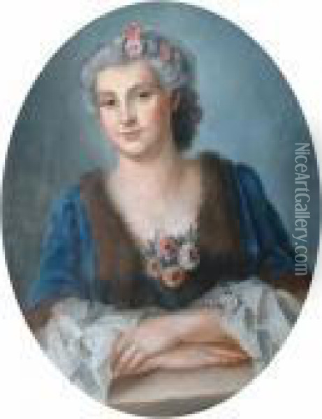 Portrait Of A Lady With Pink Flowers In Her Hair Oil Painting - Jean-Marc Nattier