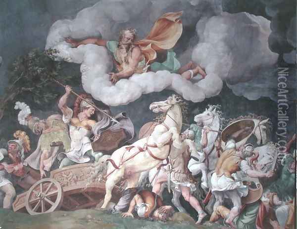 Achilles dragging the body of Hector round on his chariot, detail from the ceiling of the Sala di Troia, c.1538 Oil Painting - Giulio Romano (Orbetto)