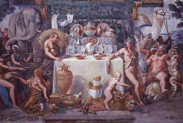 The noble banquet celebrating the marriage of Cupid and Psyche, detail showing Dionysius and Silenus to the right of a table bearing the dinner service, from the Sala di Amore e Psiche, 1528 Oil Painting - Giulio Romano (Orbetto)