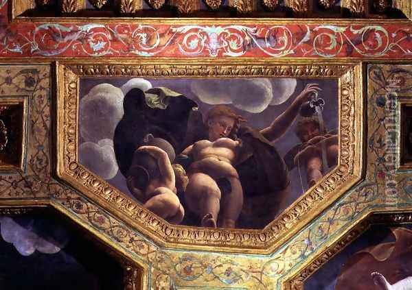 A nymph pouring water from a jug, a putto urinating and another putto holding an urn, ceiling caisson from the Sala di Amore e Psiche, 1528 Oil Painting - Giulio Romano (Orbetto)