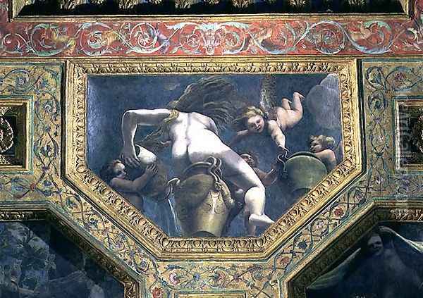 A nymph pouring water from an urn aided by putti, ceiling caisson from the Sala di Amore e Psiche, 1528 Oil Painting - Giulio Romano (Orbetto)