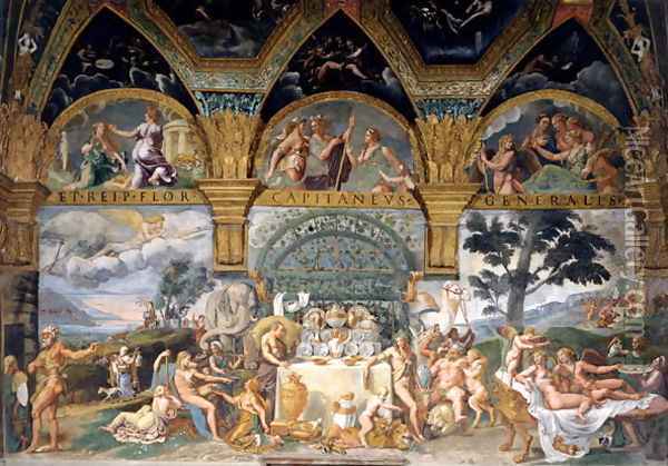 The noble banquet celebrating the marriage of Cupid and Psyche from the Sala di Amore e Psiche, 1527-31 Oil Painting - Giulio Romano (Orbetto)