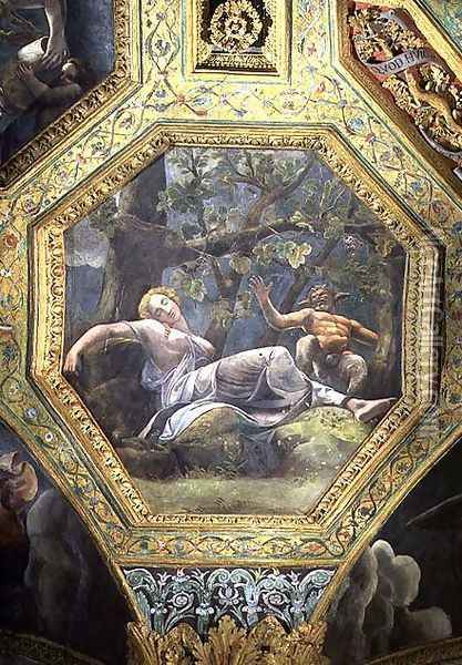 Psyche sleeping in the valley of Cupid, ceiling caisson from the Sala di Amore e Psiche, 1528 Oil Painting - Giulio Romano (Orbetto)