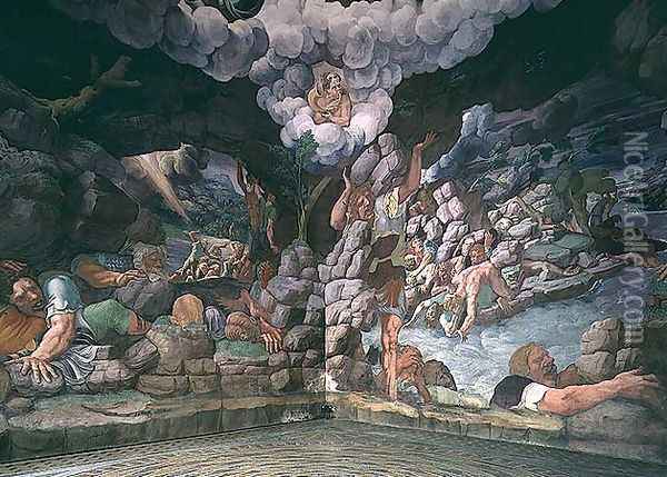 Sala dei Giganti, view of two walls showing the destruction of the rebellious giants by Jupiters thunderbolts, 1536 Oil Painting - Giulio Romano (Orbetto)