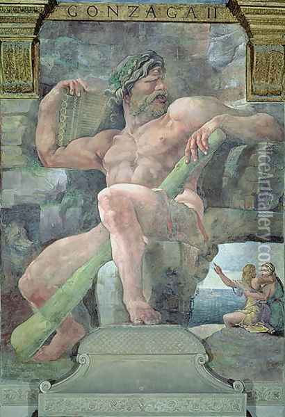 The giant Polyphemus with Galatea and the herdsman Acis, from the Sala di Amore e Psiche, 1528 Oil Painting - Giulio Romano (Orbetto)