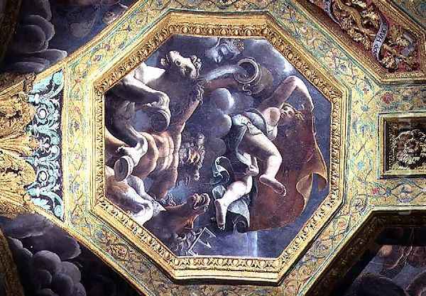 Neptune and a water nymph, ceiling caisson from the Sala di Amore e Psiche, 1528 Oil Painting - Giulio Romano (Orbetto)