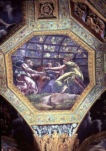 Women gathering grapes, ceiling caisson from the Sala di Amore e Psiche, 1528 Oil Painting - Giulio Romano (Orbetto)