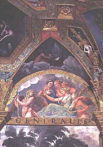 Cupid with Venus and Mercury whom she is sending to capture Psyche, lunette from the Sala di Amore e Psiche, 1528 Oil Painting - Giulio Romano (Orbetto)