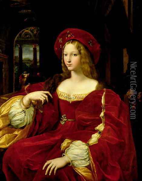 Portrait of Jeanne of Aragon c.1500-77 wife of Ascannio Colonna, Viceroy of Naples, 1518 Oil Painting - Giulio Romano (Orbetto)