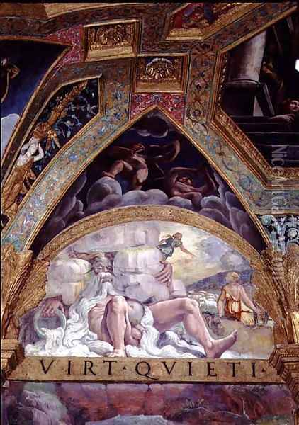 Anthropomorphic figure of a river as an old man with a flowing white beard, in the background Psyche engaged in her ordeal set by Venus of stealing wool from a sheep's fleece, lunette and spandrel from the Sala di Amore e Psiche, 1528 Oil Painting - Giulio Romano (Orbetto)