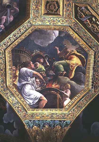 Scene of the sacrifice of a dove, ceiling caisson from the Sala di Amore e Psiche, 1528 Oil Painting - Giulio Romano (Orbetto)