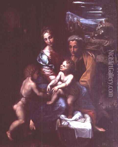 Madonna and Child with St. Anne and St. John the Baptist Oil Painting - Giulio Romano (Orbetto)