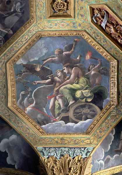 Venus and Cupid in a chariot drawn by swans, ceiling caisson from the Sala di Amore e Psiche, 1528 Oil Painting - Giulio Romano (Orbetto)