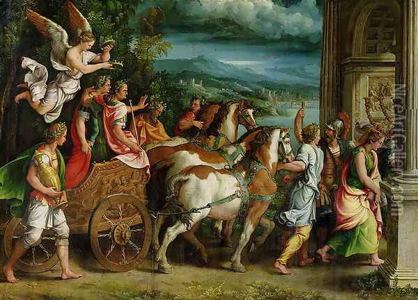 The Triumph of Titus and Vespasian, c.1537 Oil Painting - Giulio Romano (Orbetto)