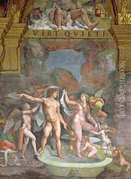 Mars and Venus bathing, aided by Cupid and putti from the Sala di Amore e Psiche, 1528 Oil Painting - Giulio Romano (Orbetto)