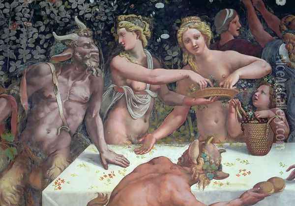Two Horae scattering flowers, watched by two satyrs, detail of the rustic banquet celebrating the marriage of Cupid and Psyche from the Sala di Amore e Psiche, 1528 Oil Painting - Giulio Romano (Orbetto)