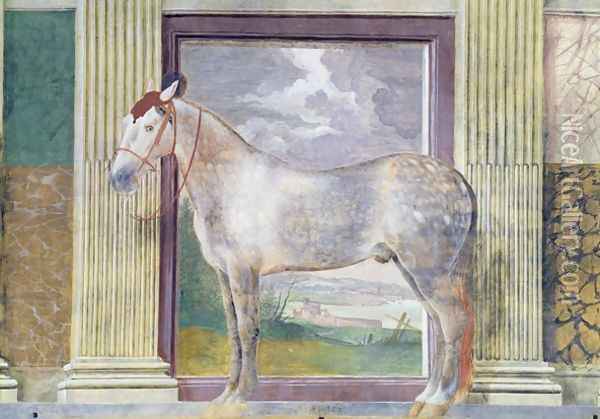 Sala dei Cavalli, detail showing a portrait of Dario, a horse from the stables of Ludovico Gonzaga III of Mantua, 1528 Oil Painting - Giulio Romano (Orbetto)