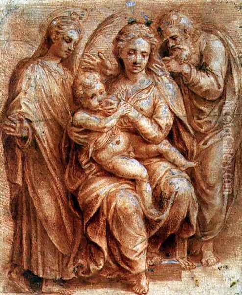 Holy Family with a Virgin Martyr Oil Painting - Giulio Romano (Orbetto)