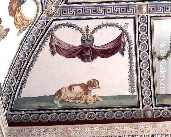 The Camera con Fregio di Amorini Chamber of the Cupid Frieze detail of a dog and a puppy, 1520s Oil Painting - Giulio Romano (Orbetto)