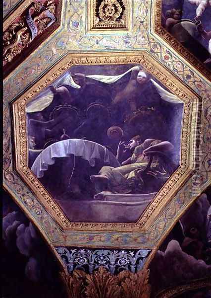 Psyche eating in the house of Cupid, ceiling caisson from the Sala di Amore e Psyche, 1528 Oil Painting - Giulio Romano (Orbetto)