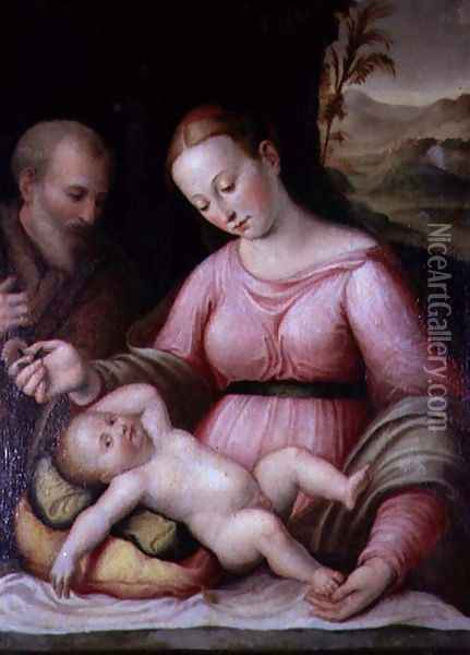 The Holy Family in a Mountainous Landscape Oil Painting - Giulio Romano (Orbetto)