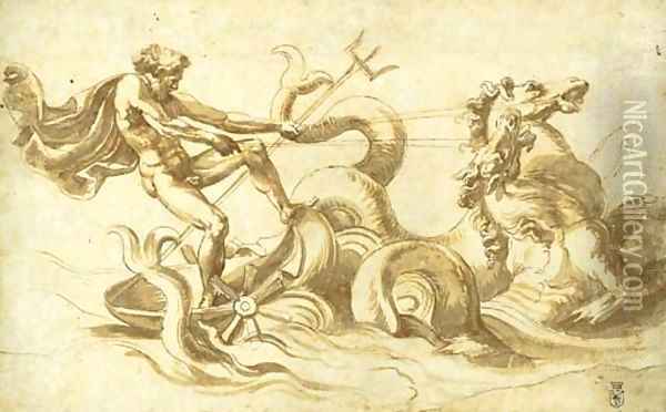 Neptune in his chariot drawn by hippocamps Oil Painting - Giulio Romano (Orbetto)