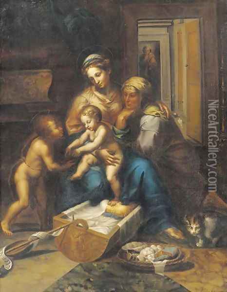 The Holy Family with the Infant Saint John the Baptist and Saint Elizabeth Oil Painting - Giulio Romano (Orbetto)