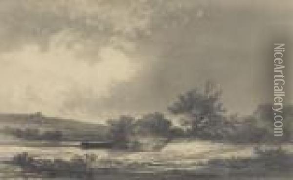 Flusslandschaft Mit Kahn Oil Painting - Jules Achille-Noel