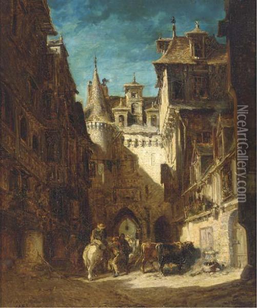 Figures And Cattle Gathered In A Courtyard Oil Painting - Jules Achille-Noel