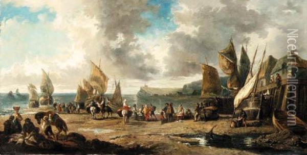 A Busy Fishing Village Oil Painting - Jules Achille-Noel