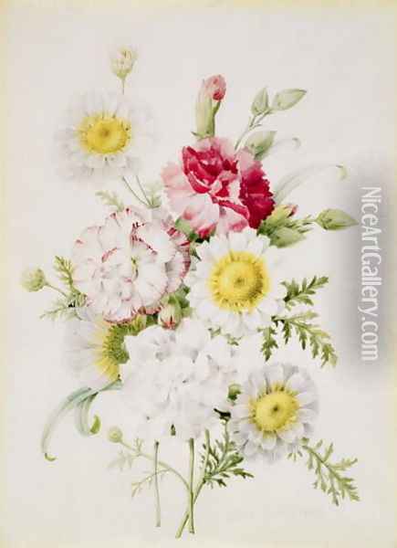 Bunch of Mixed Carnations and White Marigolds, 1839 Oil Painting - Pierre-Joseph Redoute
