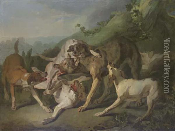 Dogs Attacking A Wolf In A Landscape Oil Painting - Jean-Baptiste Oudry