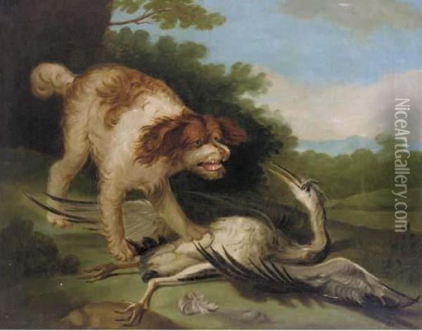 A Spaniel Attacking A Crane Oil Painting - Jean-Baptiste Oudry