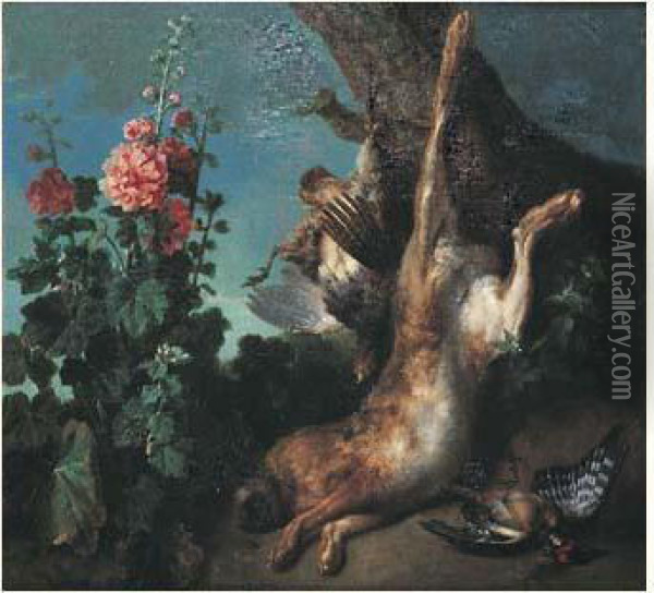 Nature Morte Au Lievre Et 
Perdreau Gris Attaches A Un Tronc D'arbre A Cote D'une Rose Tremiere Oil Painting - Jean-Baptiste Oudry