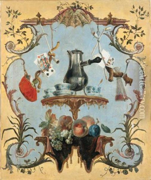 A Still Life With Silver Coffee Pot Oil Painting - Jean-Baptiste Oudry