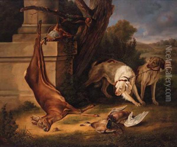 Hunting Dogs With Game In A Landscape Oil Painting - Jean-Baptiste Oudry