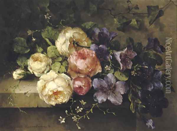 Bouquet de roses et de mauves sur une tablette a mixed bouquet on a ledge Oil Painting - Margaretha Roosenboom
