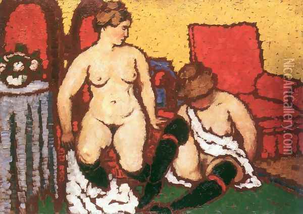 Girls Getting Dressed red furniture and yellow wall 1912-13 Oil Painting - Jozsef Rippl-Ronai