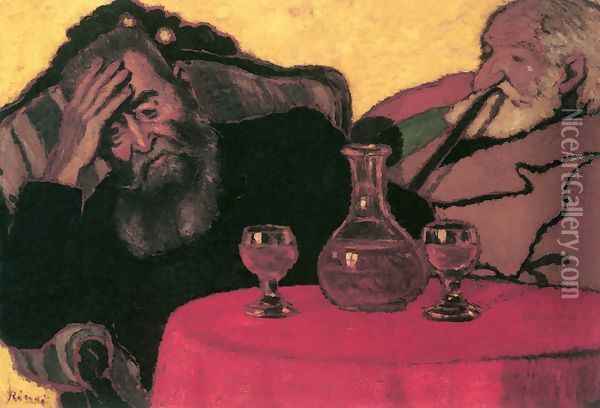 Father and Uncle Piacsek Drinking Red Wine 1907 Oil Painting - Jozsef Rippl-Ronai