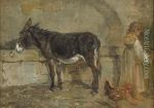 A Barn Interior With A Donkey And Afigure Oil Painting - Filippo Palizzi