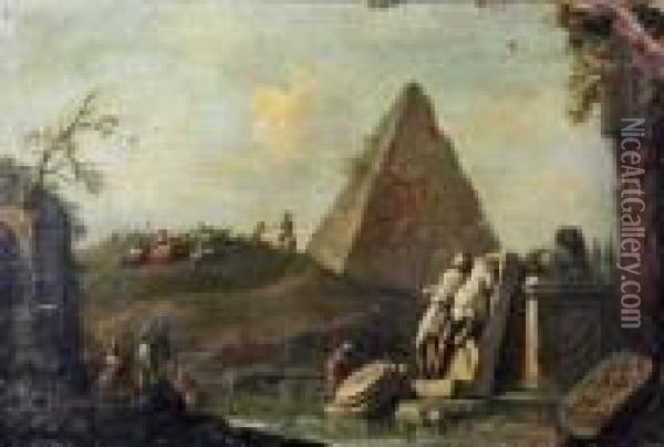 Paysage De Ruines Antiques Aux Pecheurs Et Au Troupeau Oil Painting - Giovanni Niccolo Servandoni