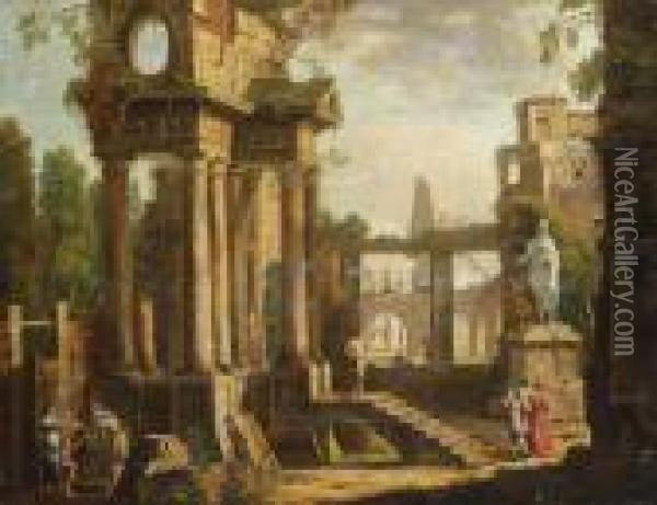 Nachfolge - Capriccio Mit Antiken Ruinen Und Figurenstaffage Oil Painting - Giovanni Niccolo Servandoni