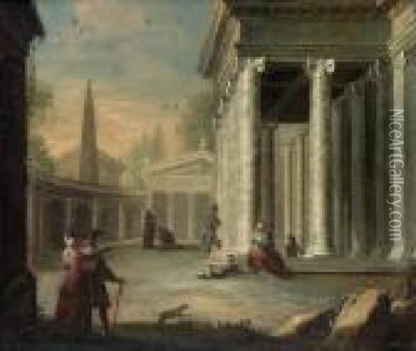 Klassiskt Arkitekturmotiv Med Figurer Oil Painting - Giovanni Niccolo Servandoni