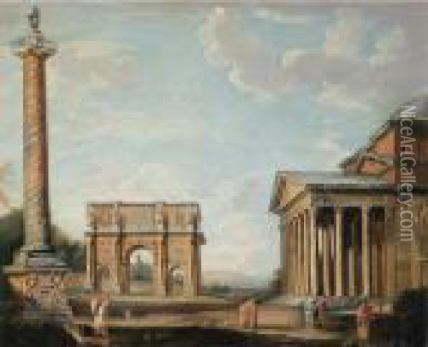 A View Of The Pantheon, Arch Of 
Constantine, And Trajan's Column With The Coliseum In The Background Oil Painting - Giovanni Niccolo Servandoni