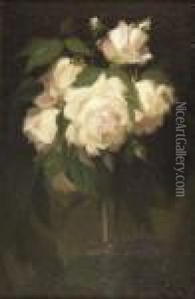White Roses In A Fluted Vase Oil Painting - James Stuart Park
