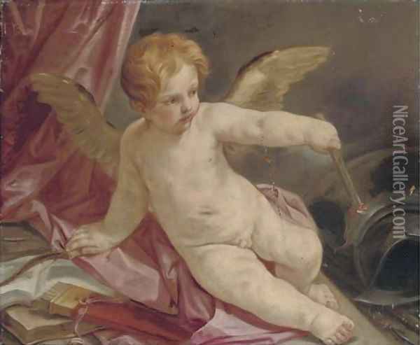 An Allegory of Love triumphant over War Cupid reclining on a couch with a torch, armour beside him Oil Painting - Guido Reni